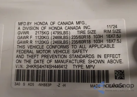 2025 Honda Cr-V Ex-L Awd из США, поврежденный, VIN 2HKRS4H74SH446412